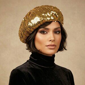 💛💫Glamorous Luxury Beaded Sequins Sequined Embellished Gold Metallic Hat Beret